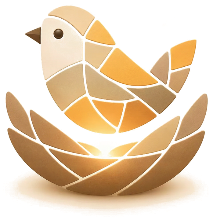 Daylore's mosaic bird, pieced together from fragments, resting in a glowing nest