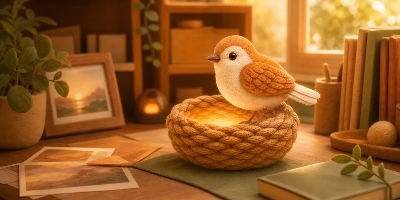 The Daylore bird resting beside its glowing nest in a warm, memory-filled room